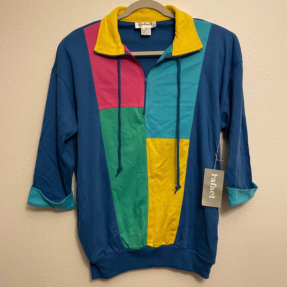 Vintage 80s Rafael Colorblock Retro Collared Half Zip Top Women’s Medium